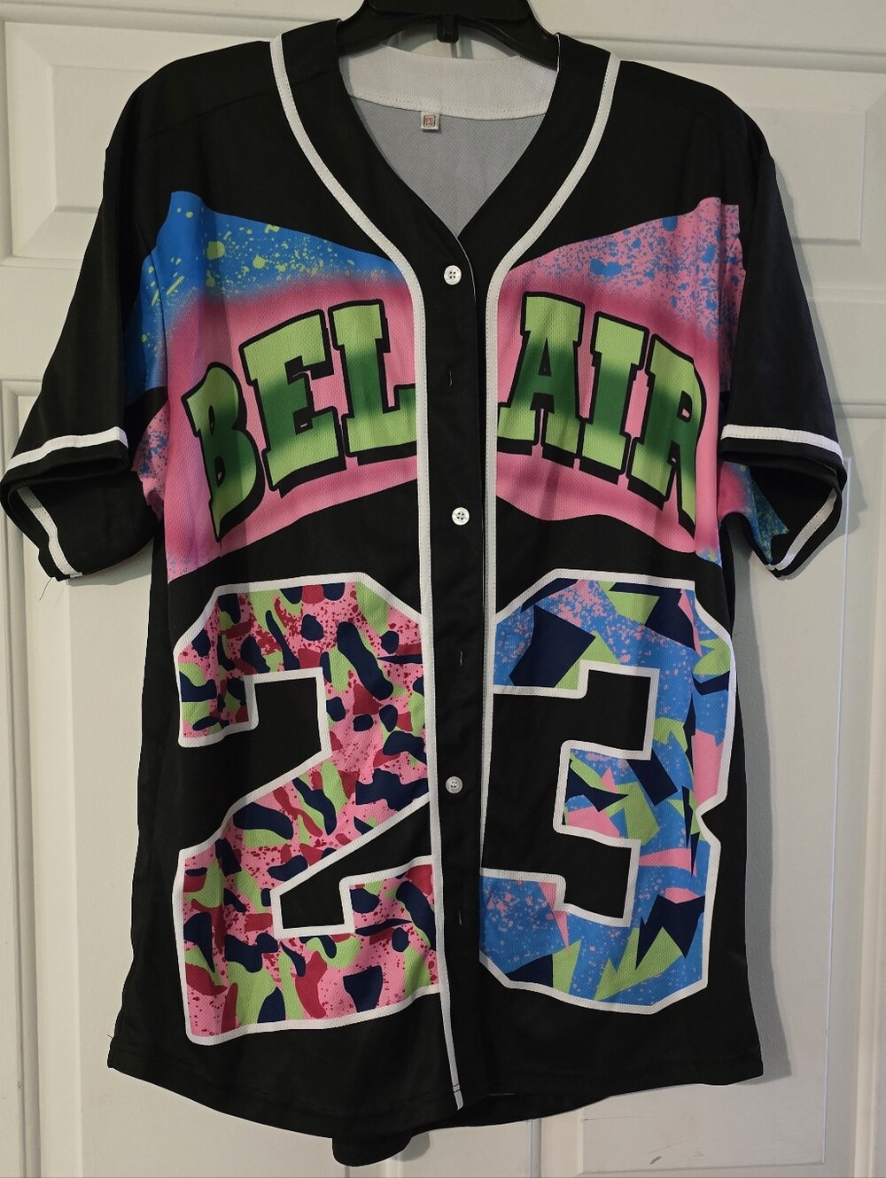 Vintage Bell Air Black Graphic Baseball Jersey - Neon Pink & Green